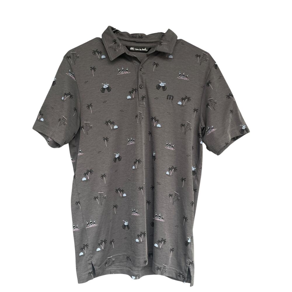 Travis Mathew Polo Shirt Mens Small Gray Palm Tree‎ Beer Print Golf Casual Fun